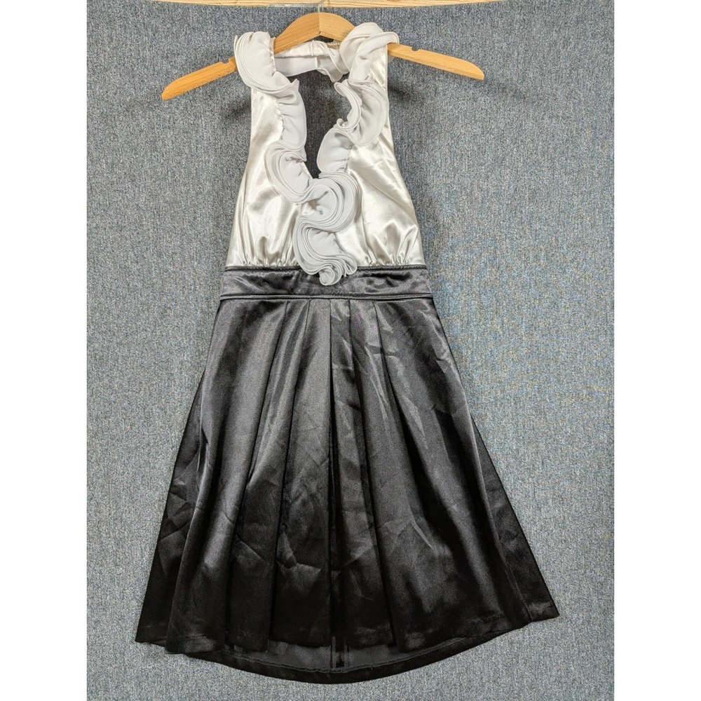 I.N. San Francisco Women Black White Ruffle Halter Satin Cocktail Dress Size 7